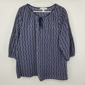 Emily Daniels Navy Blue and White Embroidered Floral Print Blouse 2X‎